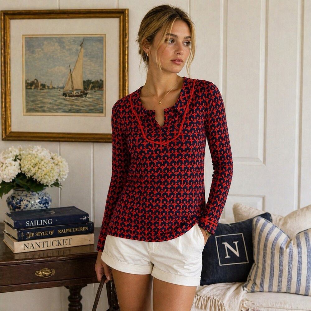 Vineyard Vines Women’s XS Nautical Anchor Print Top Red Navy Preppy Coastal